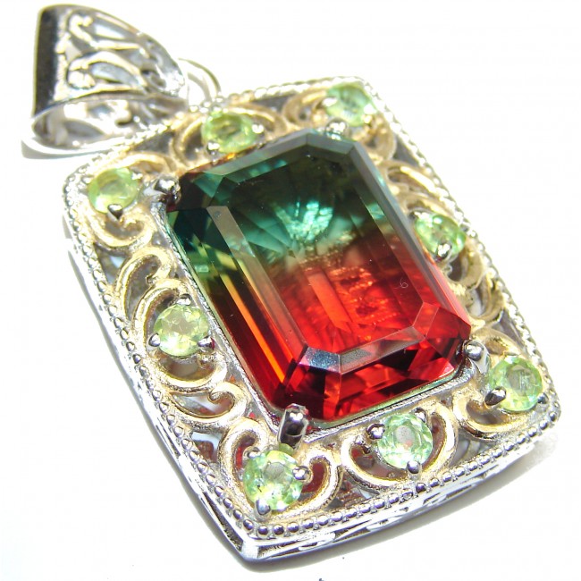 Deluxe Emerald cut Tourmaline color Topaz 18K Gold over .925 Sterling Silver handmade Pendant