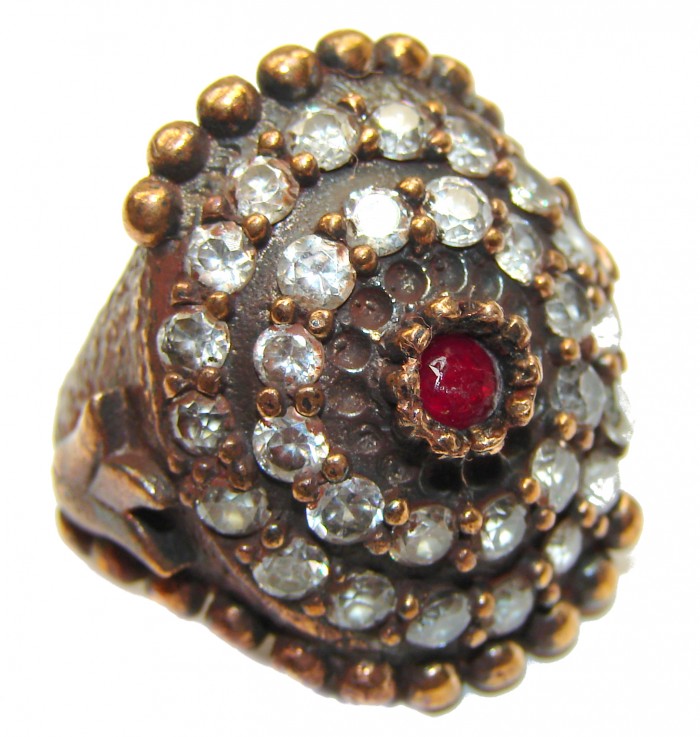 Large Victorian Style created Ruby & White Topaz Sterling Silver ring; s. 6 1/4