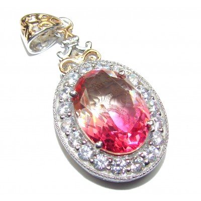 Deluxe Oval cut pink Topaz 18K Gold .925 Sterling Silver handmade Pendant