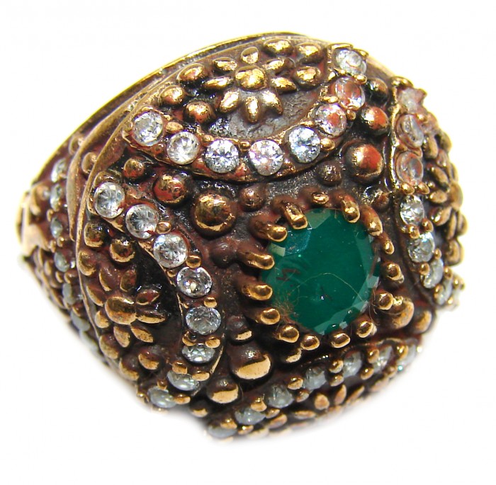 Victorian Style created Emerald & White Topaz Sterling Silver Ring s. 6 3/4