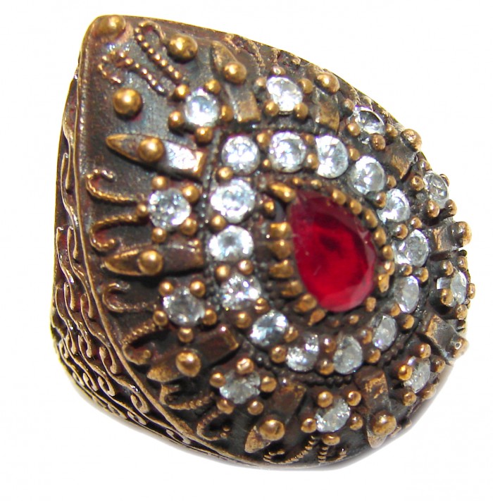 Large Victorian Style created Ruby & White Topaz Sterling Silver ring; s. 6