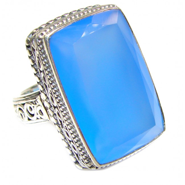 Huge Blue Chalcedony Agate .925 Sterling Silver handcrafted Ring s. 8 1/2