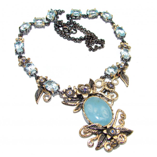 Secret Beauty Blue Aquamarine 18K Gold over .925 Sterling Silver handcrafted necklace