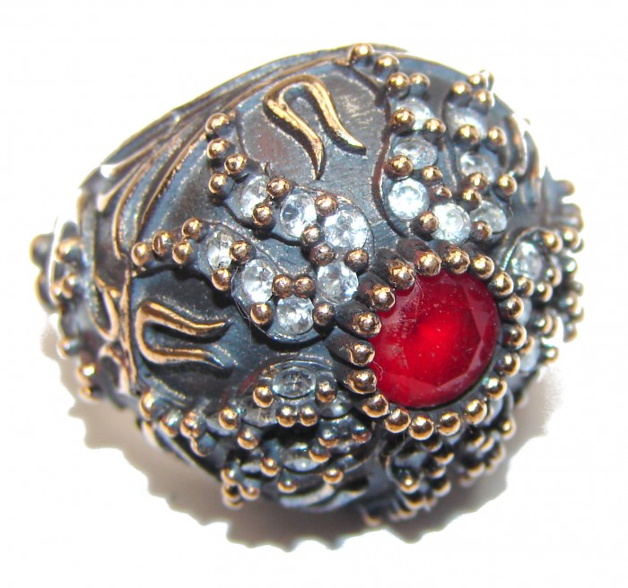 Large Victorian Style created Ruby & White Topaz Sterling Silver ring; s. 6 1/4