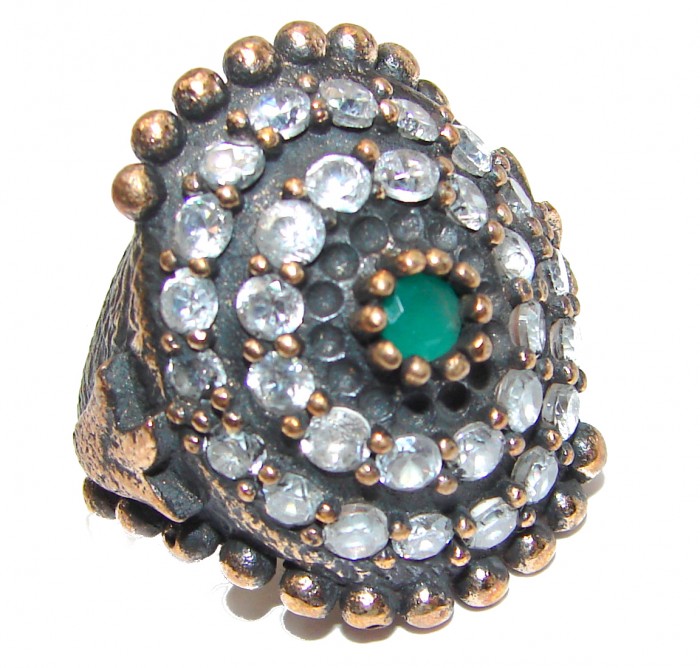 Victorian Style created Emerald & White Topaz Sterling Silver Ring s. 6 1/4