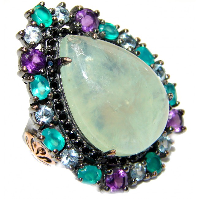 Natural Prehnite Emerald Black Rhodium over .925 Sterling Silver handcrafted Ring s. 7 1/4