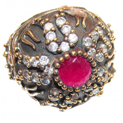 Large Victorian Style created Ruby & White Topaz Sterling Silver ring; s. 6 1/4