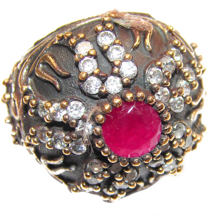 Large Victorian Style created Ruby & White Topaz Sterling Silver ring; s. 6 1/4