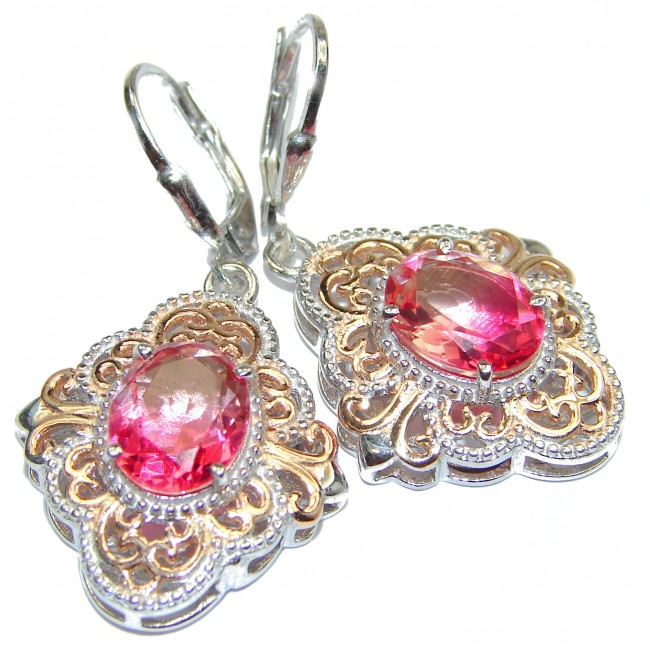Pink Tourmaline color Topaz 14K Gold over .925 Sterling Silver entirely handmade earrings