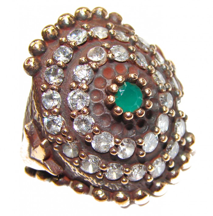 Victorian Style created Emerald & White Topaz Sterling Silver Ring s. 7