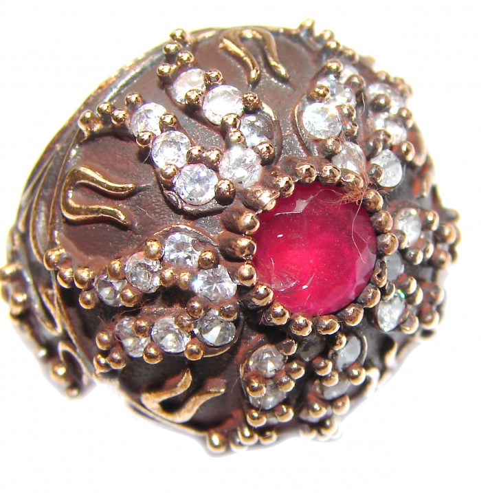 Large Victorian Style created Ruby & White Topaz Sterling Silver ring; s. 6