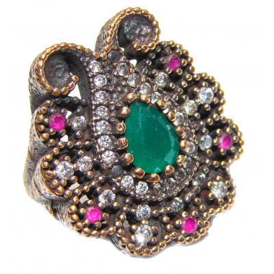 Victorian Style created Emerald & White Topaz Copper over Sterling Silver ring; s. 5 3/4