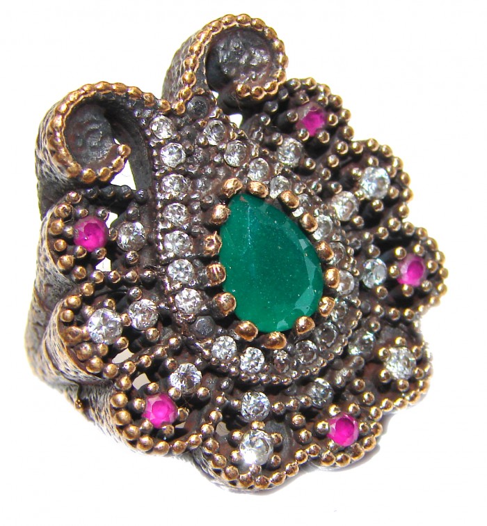 Victorian Style created Emerald & White Topaz Copper over Sterling Silver ring; s. 5 3/4