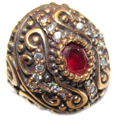 Large Victorian Style created Ruby & White Topaz Sterling Silver ring; s. 6