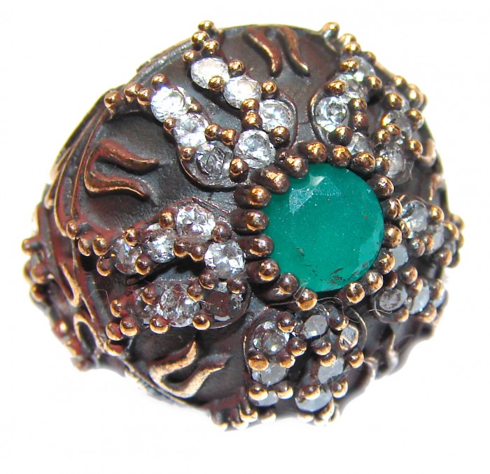 Victorian Style created Emerald & White Topaz Sterling Silver Ring s. 6