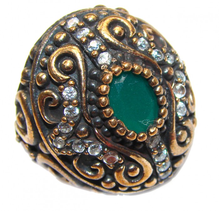 Victorian Style created Emerald & White Topaz Sterling Silver Ring s. 6 1/4