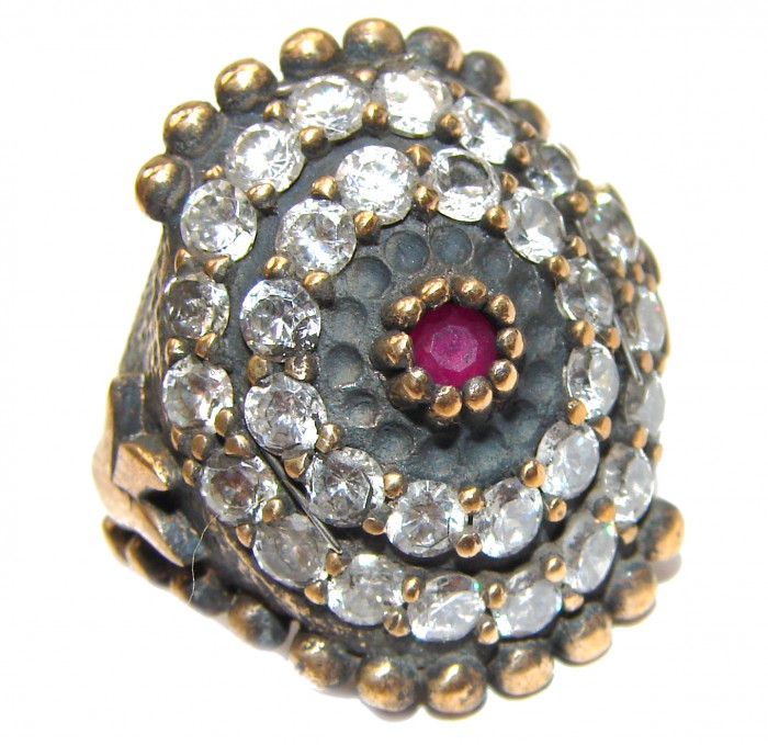 Large Victorian Style created Ruby & White Topaz Sterling Silver ring; s. 6 3/4