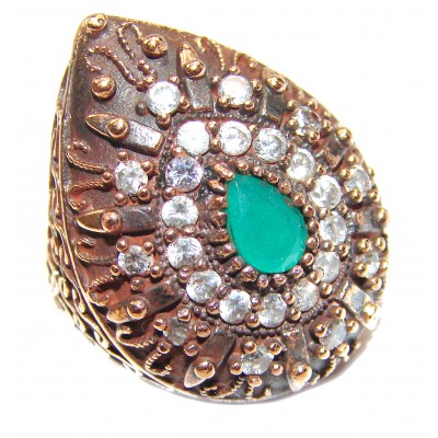 Victorian Style created Emerald & White Topaz Copper over Sterling Silver ring; s. 5 3/4