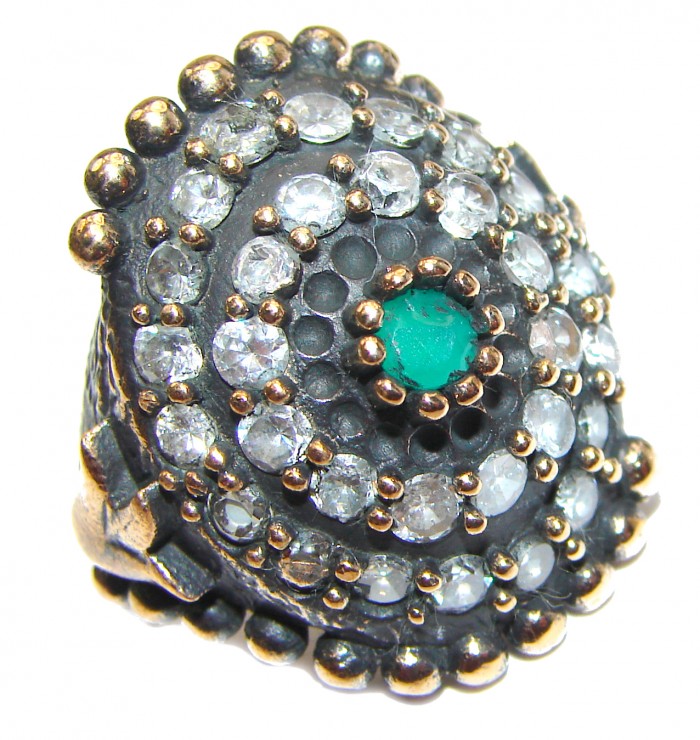 Victorian Style created Emerald & White Topaz Sterling Silver Ring s. 7