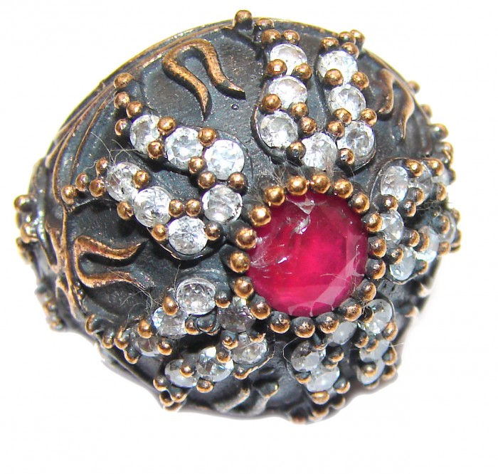 Large Victorian Style created Ruby & White Topaz Sterling Silver ring; s. 5 3/4