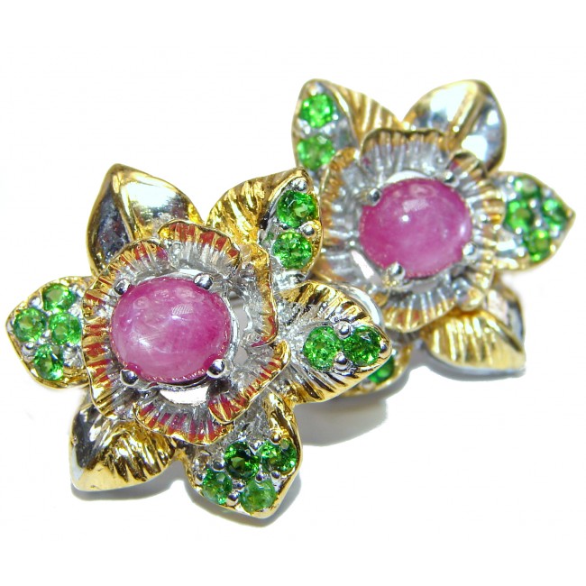 Spectacular genuine Ruby Emerald 18ct Gold over .925 Sterling Silver handcrafted Statement earrings