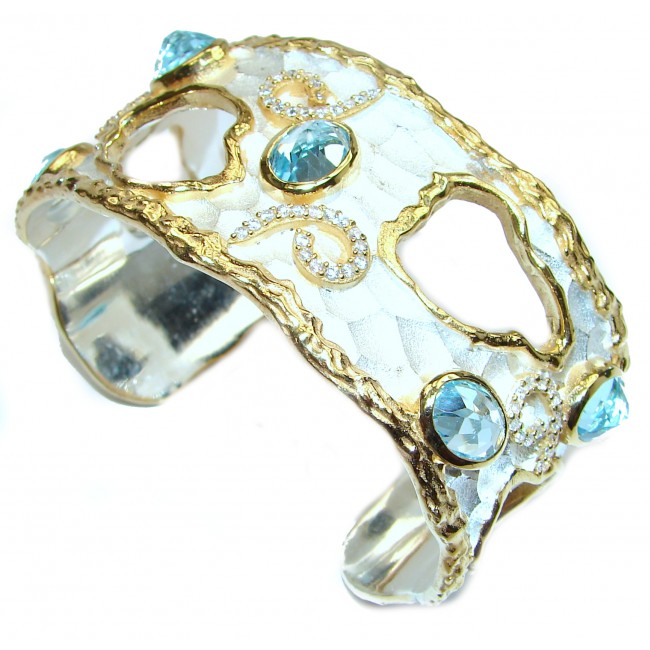 Bracelet with Swiss Blue Topaz & Diamonds 24K gold and Silver in Antique White Patina