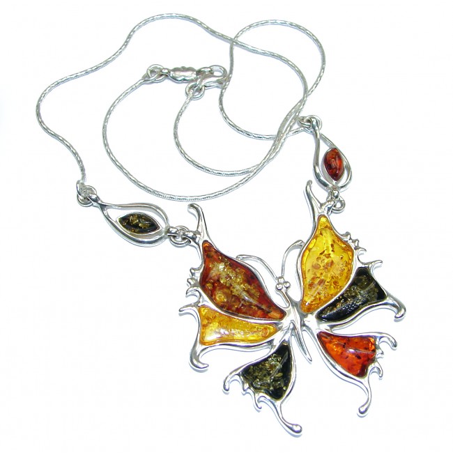 Colorful Butterfly Natural Beauty Cognac Polish Amber .925 Sterling Silver handmade necklace