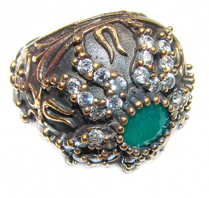 Victorian Style created Emerald & White Topaz Sterling Silver Ring s. 6 1/4