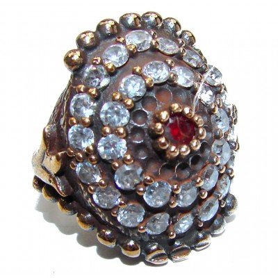Large Victorian Style created Ruby & White Topaz Sterling Silver ring; s. 5 3/4
