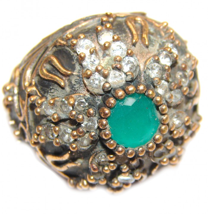 Victorian Style created Emerald & White Topaz Sterling Silver Ring s. 6