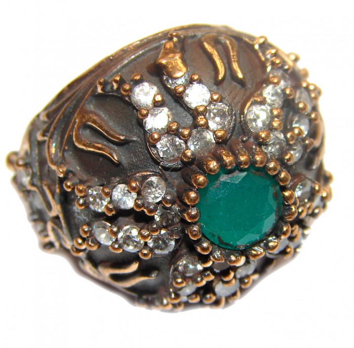 Victorian Style created Emerald & White Topaz Sterling Silver Ring s. 6