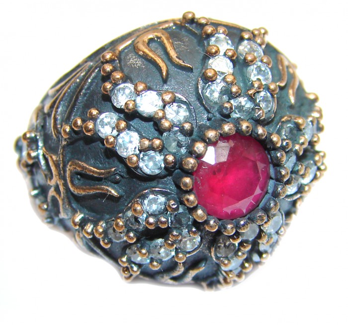 Large Victorian Style created Ruby & White Topaz Sterling Silver ring; s. 6