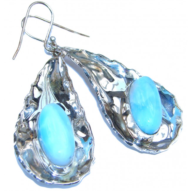 Large Sublime genuine Blue Larimar hammered .925 Sterling Silver handmade earrings