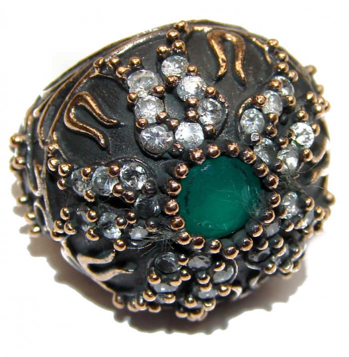 Victorian Style created Emerald & White Topaz Sterling Silver Ring s. 6