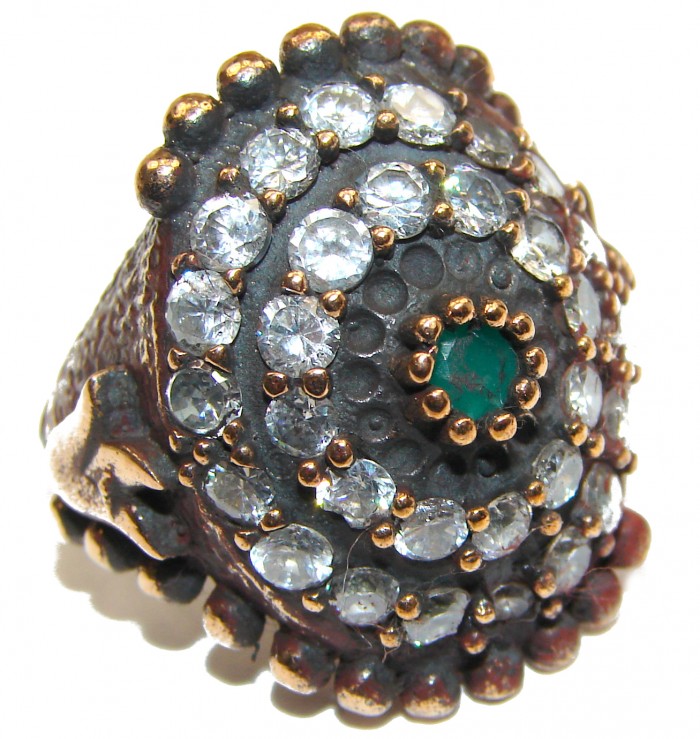 Victorian Style created Emerald & White Topaz Sterling Silver Ring s. 6 1/4