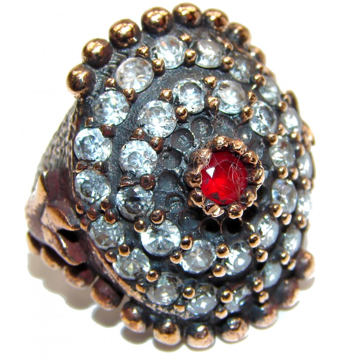 Large Victorian Style created Ruby & White Topaz Sterling Silver ring; s. 6