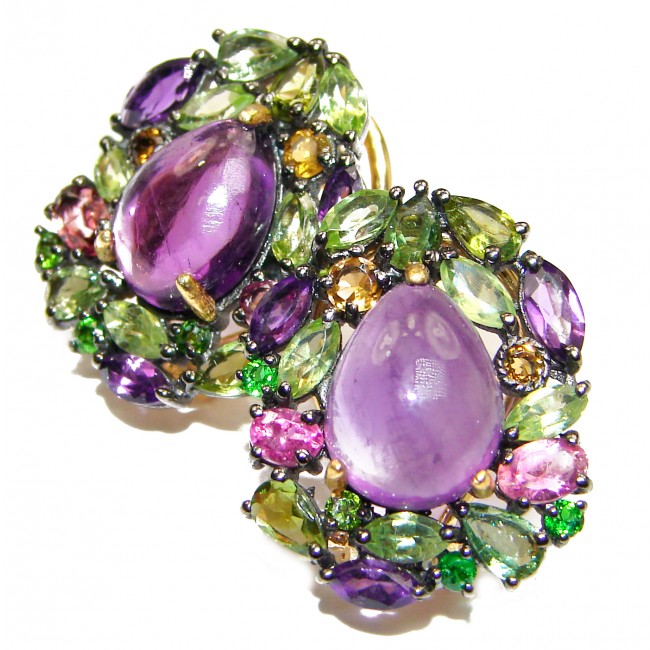 Vintage Design Authentic Amethyst Emerald 24K Gold over .925 Sterling Silver handmade earrings