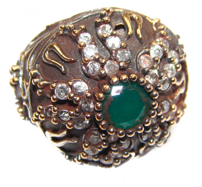 Victorian Style created Emerald & White Topaz Sterling Silver Ring s. 5 1/4