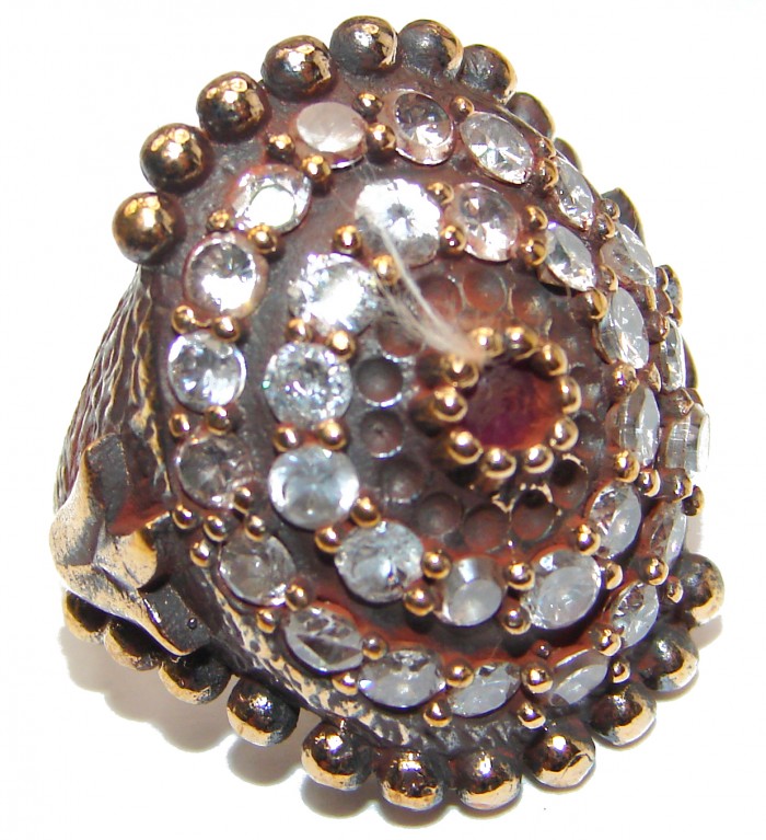 Large Victorian Style created Ruby & White Topaz Sterling Silver ring; s. 6 1/4