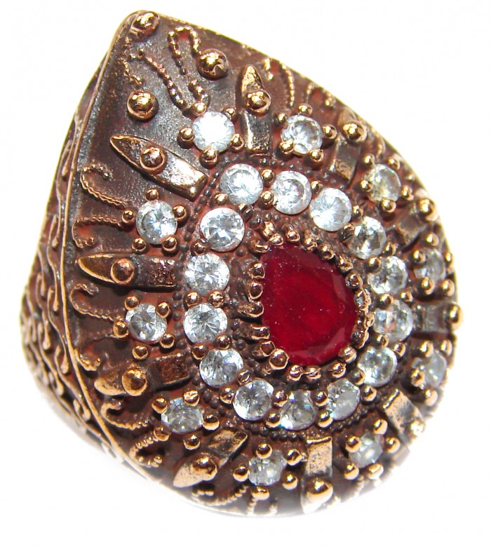 Large Victorian Style created Ruby & White Topaz Sterling Silver ring; s. 6