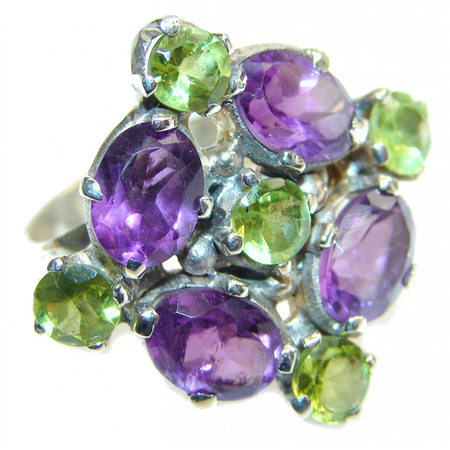 Spectacular genuine Amethyst Peridot .925 Sterling Silver handcrafted Ring size 7 adjustable