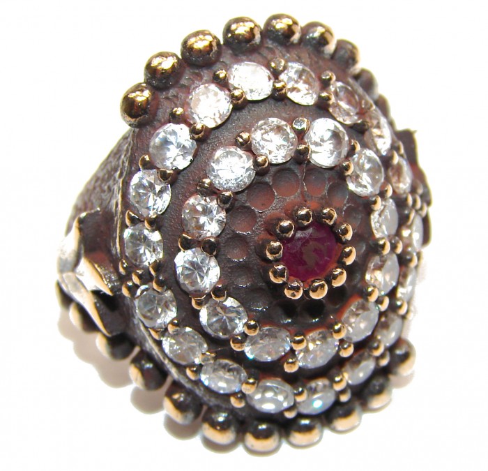 Large Victorian Style created Ruby & White Topaz Sterling Silver ring; s. 7
