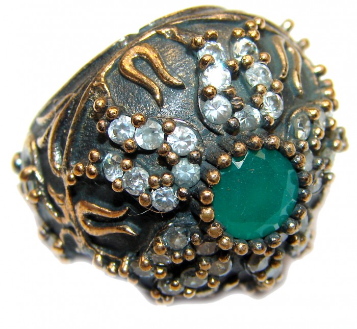 Victorian Style created Emerald & White Topaz Sterling Silver Ring s. 6