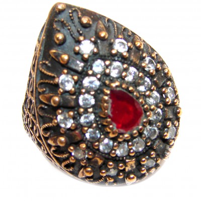 Large Victorian Style created Ruby & White Topaz Sterling Silver ring; s. 5 3/4