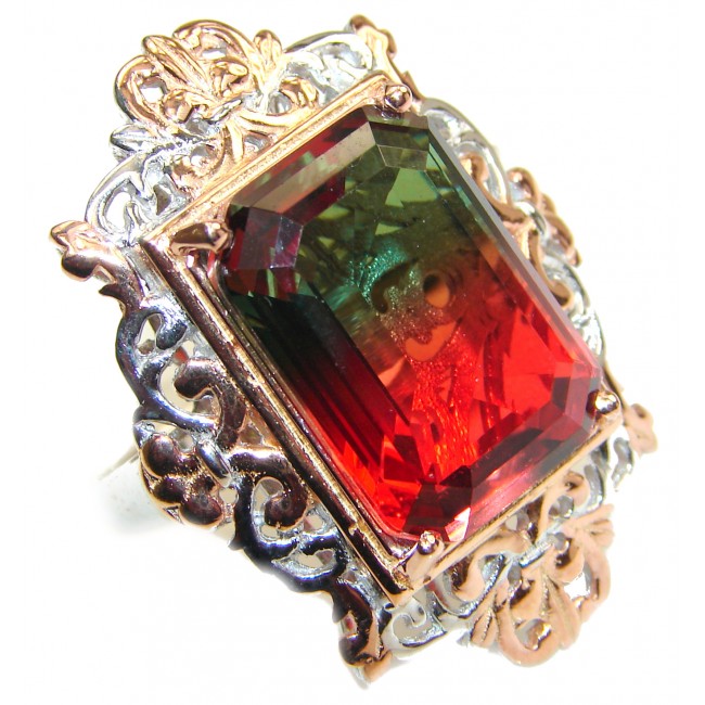 HUGE Emerald cut Watermelon Tourmaline color Topaz 18 K Gold over .925 Sterling Silver handcrafted Ring s. 7 1/2