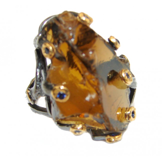 Large Authentic Smoky Topaz 18K Gold over .925 Sterling Silver handcrafted ring; s. 7 3/4