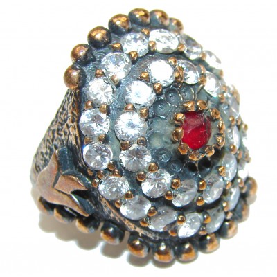 Large Victorian Style created Ruby & White Topaz Sterling Silver ring; s. 7