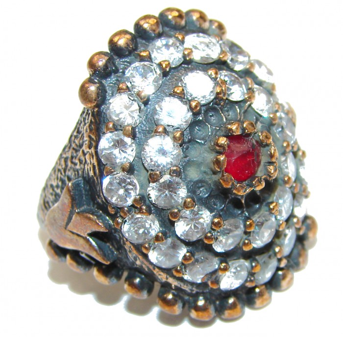 Large Victorian Style created Ruby & White Topaz Sterling Silver ring; s. 7
