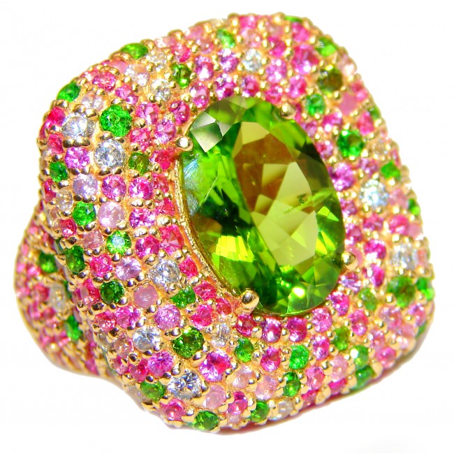 Spectacular Genuine 25ctw Peridot Tourmaline 24K Gold over .925 Sterling Silver handcrafted Statement Ring size 8