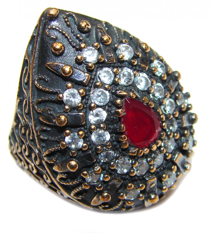 Large Victorian Style created Ruby & White Topaz Sterling Silver ring; s. 5 1/4